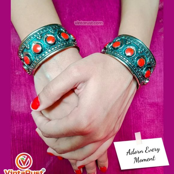 single Boho Kuchi Cuff Bracelet With Stones, Tribal Handmade Cuff Bracelet - Picture 5 of 6